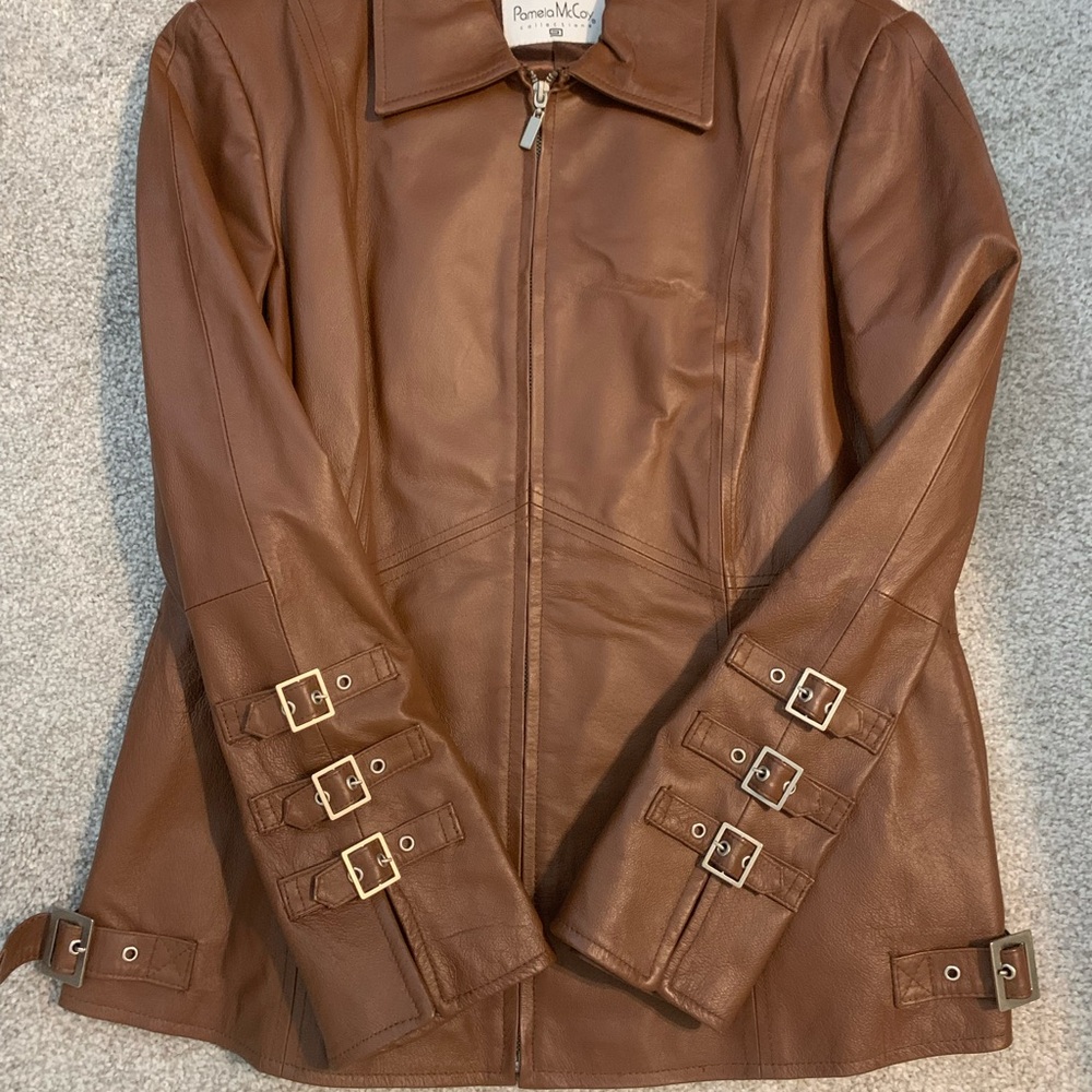 Pamela McCoy Brown Leather Jacket with Buckle Details